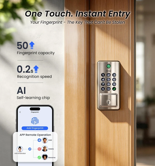Alt view image 5 of 7 - DK012W WiFi Smart Fingerprint Deadbolt Front Door Lock, Satin Nickel | Built in Wi-Fi, Remote APP Control, Alexa Compatible, Auto Lock, IP65 Waterproof, Keyless Entry, Electronic Backlit Keypad