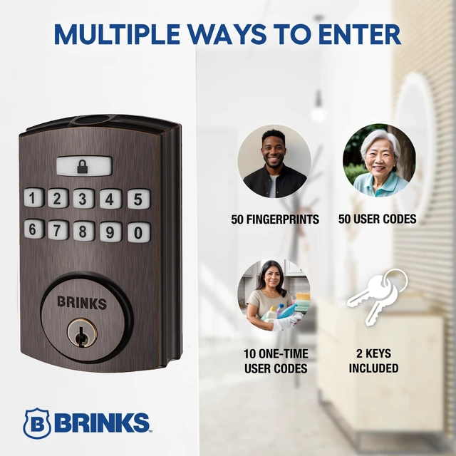Alt view image 3 of 6 - Fingerprint Door Lock, Keyless Entry Biometric Lock, Electronic Keypad Fingerprint Deadbolt with Auto-Locking, Front Door Lock and Interior Knob Set, Easy Installation, Tuscan Bronze
