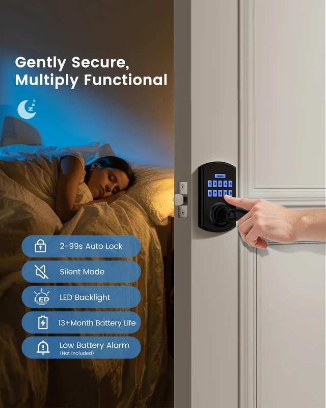 Alt view image 6 of 7 - Keypad Smart Door Lock with Handle Keyless Entry Electronic Digital Dnob | 20 User Codes One-Time Codes Anti-Peep Auto-Lock Timer Passage Mode Silent Option Easy DIY Install Secure & Convenient