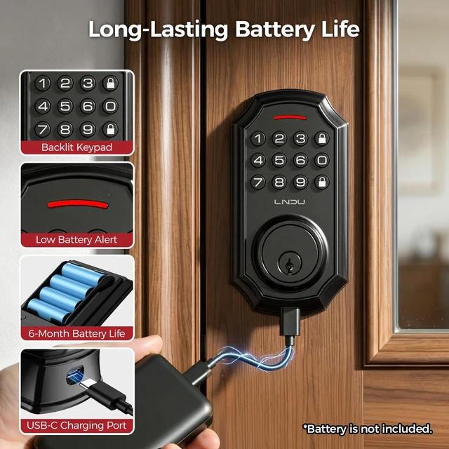 Alt view image 6 of 7 - Keyless Entry Door Lock for Front Door, Keypad Deadbolt Lock with Code, Electronic Door Lock with 2 Keys, Auto Lock, Easy Installation, Matte Black