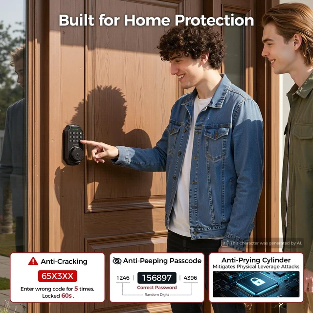 Alt view image 4 of 7 - Keyless Entry Door Lock for Front Door, Keypad Deadbolt Lock with Code, Electronic Door Lock with 2 Keys, Auto Lock, Easy Installation, Matte Black