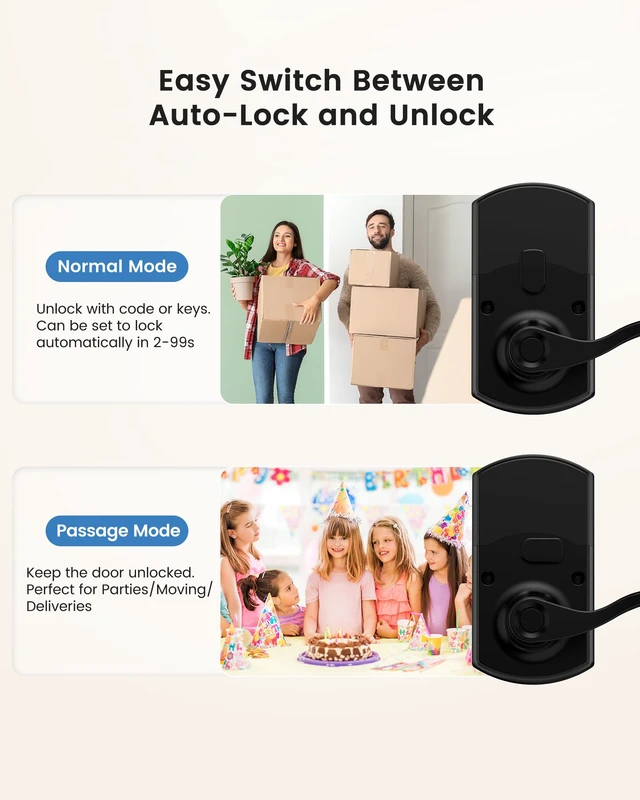 Alt view image 3 of 7 - Keypad Smart Door Lock with Handle Keyless Entry Electronic Digital Dnob | 20 User Codes One-Time Codes Anti-Peep Auto-Lock Timer Passage Mode Silent Option Easy DIY Install Secure & Convenient