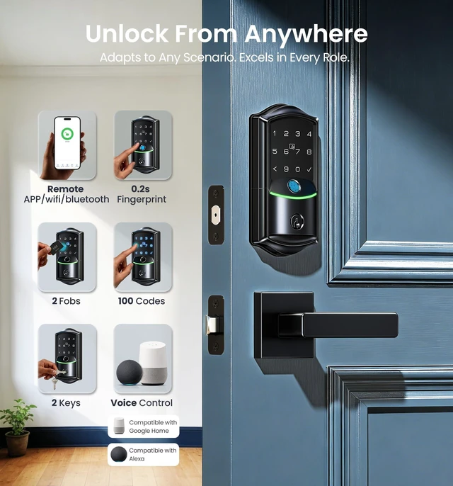 Alt view image 3 of 7 - VE027 WiFi Smart Lock Fingerprint Keyless Entry Deadbolt Matte Black | Built-in Wi-Fi, App Remote Control, Touchscreen Keypad, Fob, Code, Alexa Google Compatible, Front Door Auto Lock, Waterproof