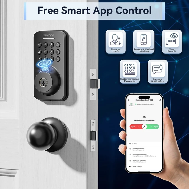 Alt view image 3 of 7 - U68W WiFi Fingerprint Smart Door Lock with Knob Set, Matte Black | Keypad Lock for Front Door, App Control, Auto-Lock, One-Touch Lock, IP54 Waterproof, 100+ Codes, 5 Keys, Zinc Alloy