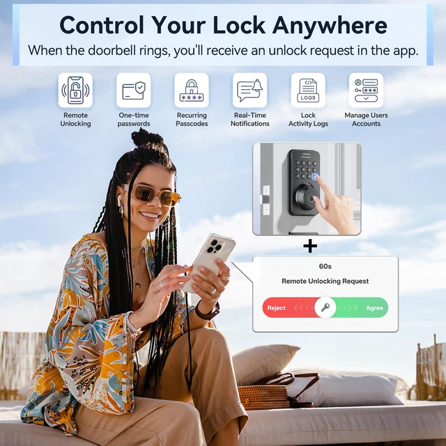 Alt view image 5 of 7 - U68W WiFi Fingerprint Smart Door Lock with Knob Set, Matte Black | Keypad Lock for Front Door, App Control, Auto-Lock, One-Touch Lock, IP54 Waterproof, 100+ Codes, 5 Keys, Zinc Alloy