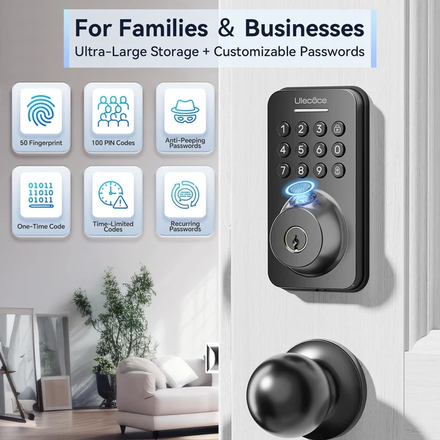 Alt view image 6 of 7 - U68W WiFi Fingerprint Smart Door Lock with Knob Set, Matte Black | Keypad Lock for Front Door, App Control, Auto-Lock, One-Touch Lock, IP54 Waterproof, 100+ Codes, 5 Keys, Zinc Alloy