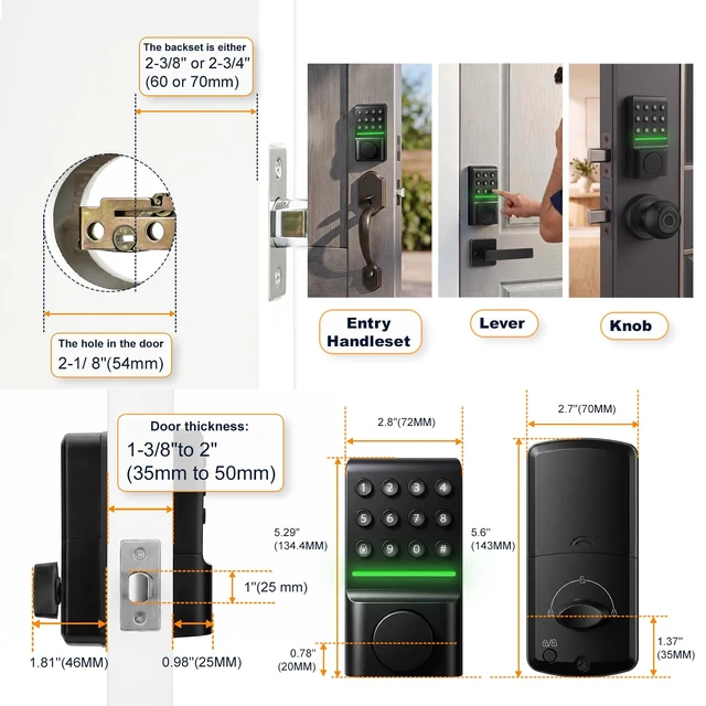 Alt view image 4 of 5 - Keyless Entry Deadbolt, Offline Smart Keypad Doorlock, LED Indicator | For Front & Study/Bedroom in Home Office Apartment, House & Rental Properties, IP54, Easy Install, 1 Year Battery, Key Backup