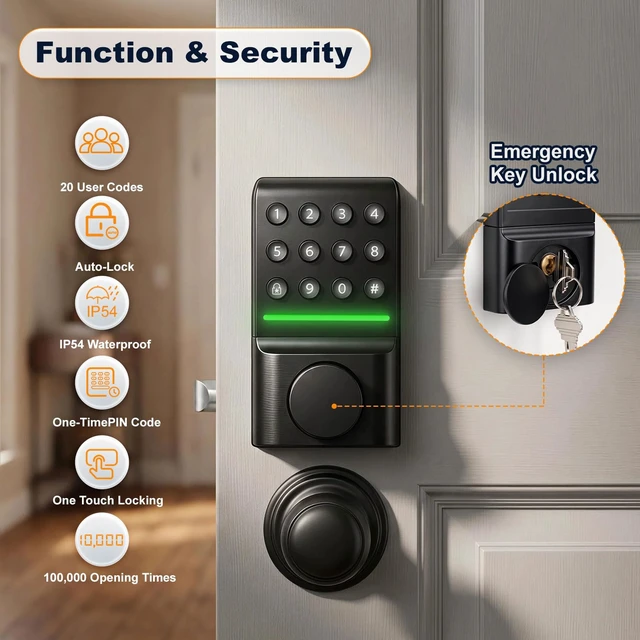 Alt view image 2 of 5 - Keyless Entry Deadbolt, Offline Smart Keypad Doorlock, LED Indicator | For Front & Study/Bedroom in Home Office Apartment, House & Rental Properties, IP54, Easy Install, 1 Year Battery, Key Backup