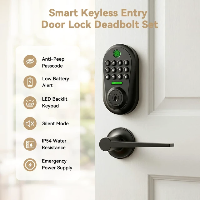 Alt view image 4 of 7 - 350YS 5-in-1 Keyless Entry Door Lock Smart Deadbolt with Handle Black | Smart Lock for Front Door, Auto-Lock Deadbolt with Handle Set, Remote Control via App Privacy-Focused Design, Easy Install