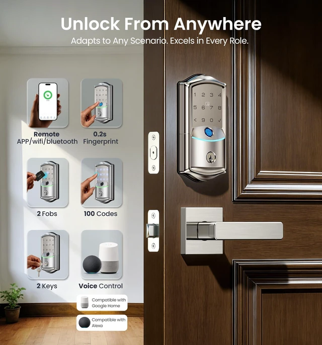 Alt view image 3 of 7 - VE027 WiFi Smart Lock Fingerprint Keyless Entry Deadbolt Satin Nickel | Built-in Wi-Fi, App Remote Control, Touchscreen Keypad, Fob, Code, Alexa Google Compatible, Front Door Auto Lock, Waterproof