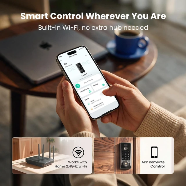 Alt view image 3 of 7 - WiFi Fingerprint Smart Keypad Door Lock D110 Plus with App Control | Front Door Smart Lock with Remote Access, Voice Control, Visual Display, Backlit, BHMA Grade 3, IP54, Auto-Lock, Black