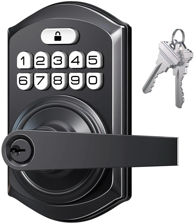 Main image of TE004 Keyless Entry Door Lock Handle with Keypad, Matte Black | 20 User Codes, ANSI Grade 3 Security, One Time Code Access, Auto Lock, Durable Zinc Alloy Handle for Front Door, Bedroom