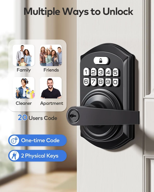 Alt view image 2 of 7 - TE004 Keyless Entry Door Lock Handle with Keypad, Matte Black | 20 User Codes, ANSI Grade 3 Security, One Time Code Access, Auto Lock, Durable Zinc Alloy Handle for Front Door, Bedroom