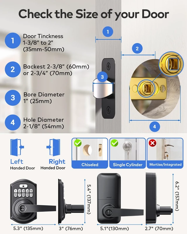 Alt view image 5 of 7 - TE004 Keyless Entry Door Lock Handle with Keypad, Matte Black | 20 User Codes, ANSI Grade 3 Security, One Time Code Access, Auto Lock, Durable Zinc Alloy Handle for Front Door, Bedroom