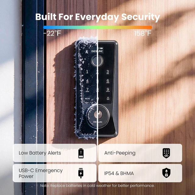 Alt view image 7 of 7 - WiFi Fingerprint Smart Keypad Door Lock D110 Plus with App Control | Front Door Smart Lock with Remote Access, Voice Control, Visual Display, Backlit, BHMA Grade 3, IP54, Auto-Lock, Black