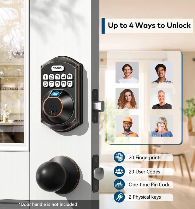 Alt view image 2 of 7 - TE002 Fingerprint Deadbolt with Keypad for Front Door, Bronze | 1-Second Fingerprint Unlock, ANSI Grade 3, 20 User Codes, Auto Lock, Anti-Peep Password, IP54 Waterproof & Low Battery Alerts