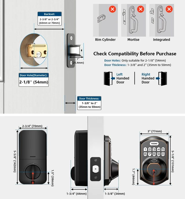 Alt view image 6 of 7 - TE002 Fingerprint Deadbolt with Keypad for Front Door, Bronze | 1-Second Fingerprint Unlock, ANSI Grade 3, 20 User Codes, Auto Lock, Anti-Peep Password, IP54 Waterproof & Low Battery Alerts