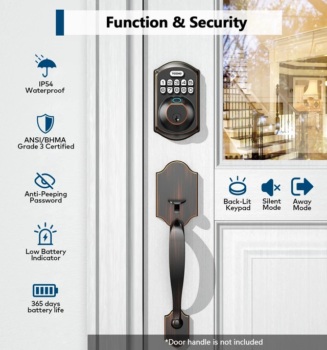 Alt view image 5 of 7 - TE002 Fingerprint Deadbolt with Keypad for Front Door, Bronze | 1-Second Fingerprint Unlock, ANSI Grade 3, 20 User Codes, Auto Lock, Anti-Peep Password, IP54 Waterproof & Low Battery Alerts