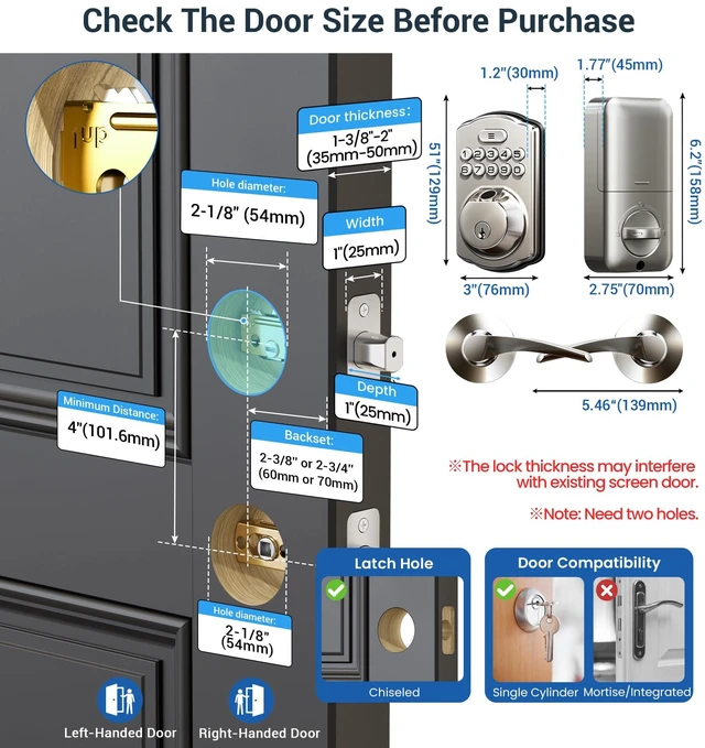 Alt view image 6 of 7 - KS02B Fingerprint Door Lock with 2 Lever Handles, Satin Nickel | Zinc Alloy Handle Set, Auto Lock, Anti-Peep Codes, 2 Keys, Keyless Entry Deadbolt, Electronic Back-Lit Keypad, for Front Door