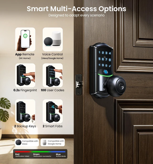 Alt view image 3 of 7 - VE028 WiFi Fingerprint Smart Door Lock with Knob Handle, Matte Black | Remote App, Voice Control, Fob Unlock, Electronic Touchscreen Keypad, Keyless Entry, Auto Lock, for Front Door, Bedroom