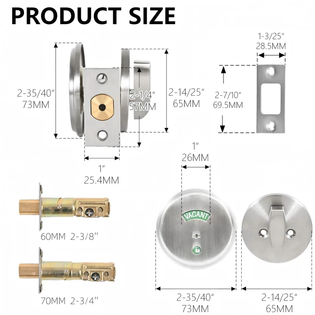Alt view image 4 of 7 - Stainless Steel Silver Indicator Deadbolt Privacy Door Lock Commercial Grade-2 60/70MM Backset Clear IN-USE Or VACANT For Public Restrooms Toilets Hospitals Offices (Stainless Steel Silver)