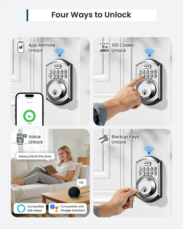 Alt view image 3 of 7 - TE011W WiFi Keypad Deadbolt, Smart Locks for Front Door, Satin Nickel | APP Remote Control, Voice Unlock, Share Access Code, 100 User Codes, Auto Lock, Real-Time Alert, Compatible with Alexa Google