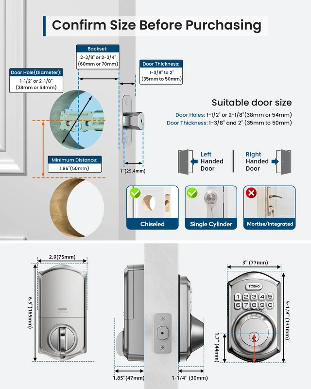 Alt view image 2 of 7 - TE011W WiFi Keypad Deadbolt, Smart Locks for Front Door, Satin Nickel | APP Remote Control, Voice Unlock, Share Access Code, 100 User Codes, Auto Lock, Real-Time Alert, Compatible with Alexa Google