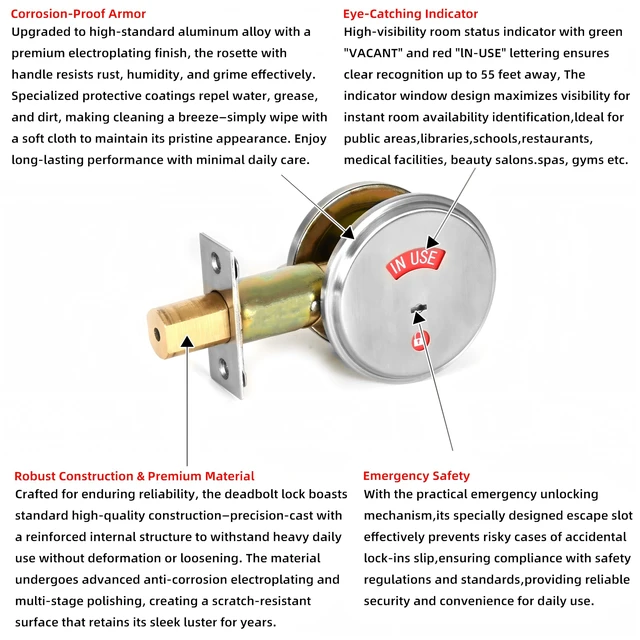Alt view image 5 of 7 - Stainless Steel Silver Indicator Deadbolt Privacy Door Lock Commercial Grade-2 60/70MM Backset Clear IN-USE Or VACANT For Public Restrooms Toilets Hospitals Offices (Stainless Steel Silver)