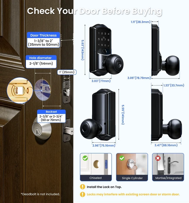 Alt view image 7 of 7 - VE028 WiFi Fingerprint Smart Door Lock with Knob Handle, Matte Black | Remote App, Voice Control, Fob Unlock, Electronic Touchscreen Keypad, Keyless Entry, Auto Lock, for Front Door, Bedroom