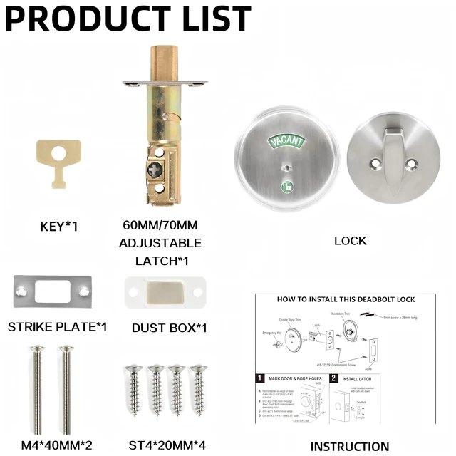 Alt view image 3 of 7 - Stainless Steel Silver Indicator Deadbolt Privacy Door Lock Commercial Grade-2 60/70MM Backset Clear IN-USE Or VACANT For Public Restrooms Toilets Hospitals Offices (Stainless Steel Silver)