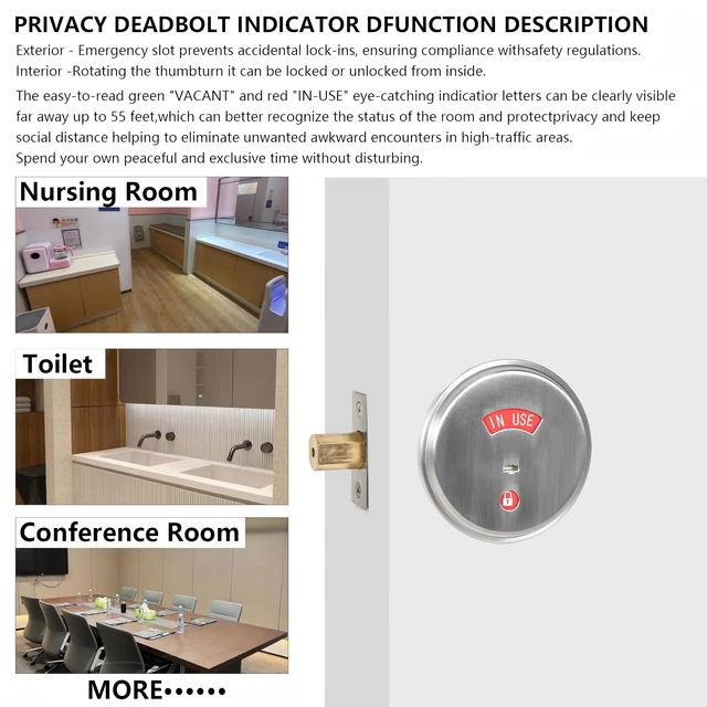 Alt view image 7 of 7 - Stainless Steel Silver Indicator Deadbolt Privacy Door Lock Commercial Grade-2 60/70MM Backset Clear IN-USE Or VACANT For Public Restrooms Toilets Hospitals Offices (Stainless Steel Silver)