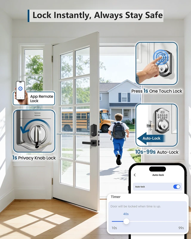 Alt view image 6 of 7 - TE011W WiFi Keypad Deadbolt, Smart Locks for Front Door, Satin Nickel | APP Remote Control, Voice Unlock, Share Access Code, 100 User Codes, Auto Lock, Real-Time Alert, Compatible with Alexa Google