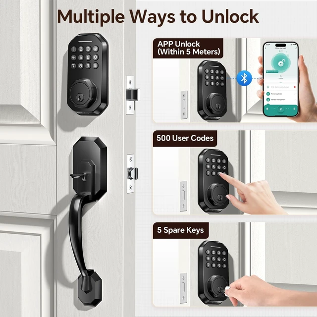Alt view image 3 of 7 - SL03 Front Door Lock Set, Keyless Entry Door Lock, Matte Black | Keypad Deadbolt with App Control, ANSI Grade 3 Security, Auto & One-Touch Lock, Anti-Peep & One Time Code, Zinc Alloy