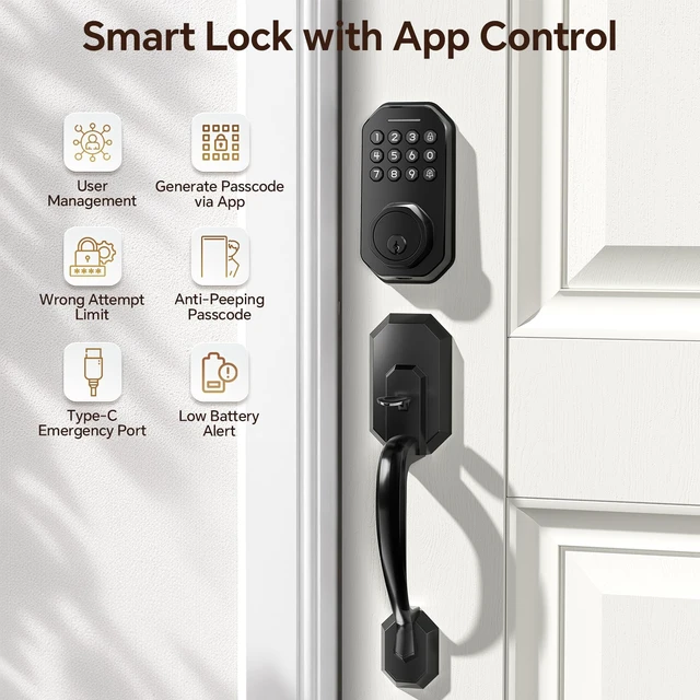 Alt view image 2 of 7 - SL03 Front Door Lock Set, Keyless Entry Door Lock, Matte Black | Keypad Deadbolt with App Control, ANSI Grade 3 Security, Auto & One-Touch Lock, Anti-Peep & One Time Code, Zinc Alloy