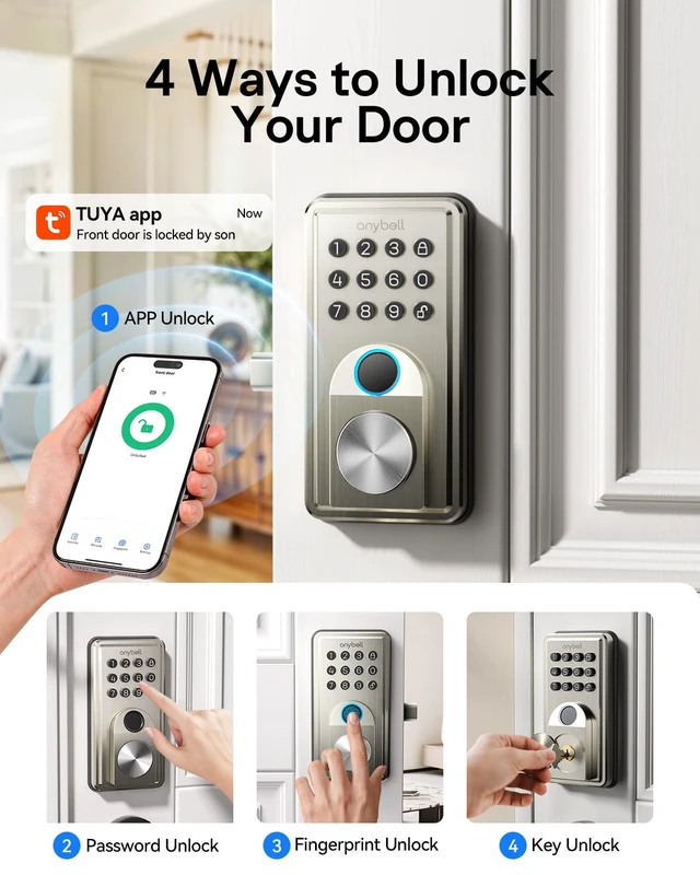 Alt view image 2 of 7 - Fingerprint Door Lock Keyless Entry Deadbolt with Electronic Keypad | App Control & Auto Lock, Easy Install for Front Door - Satin Nickel