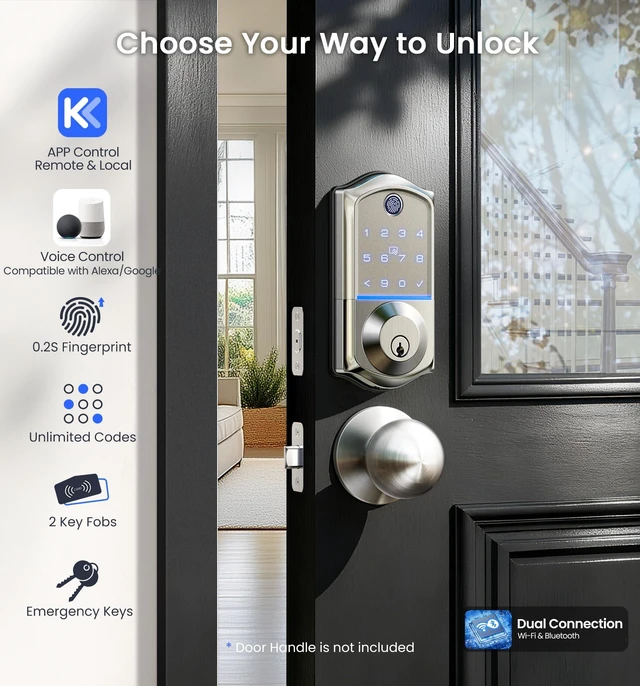 Alt view image 2 of 7 - VE017G WiFi Smart Keyless Entry Lock for Front Door, Satin Nickel | Remote APP Control, Fingerprint, Voice & Fob Unlock, Touchscreen Back-Lit Keypad Deadbolt, Emergency Power Port, Auto Lock
