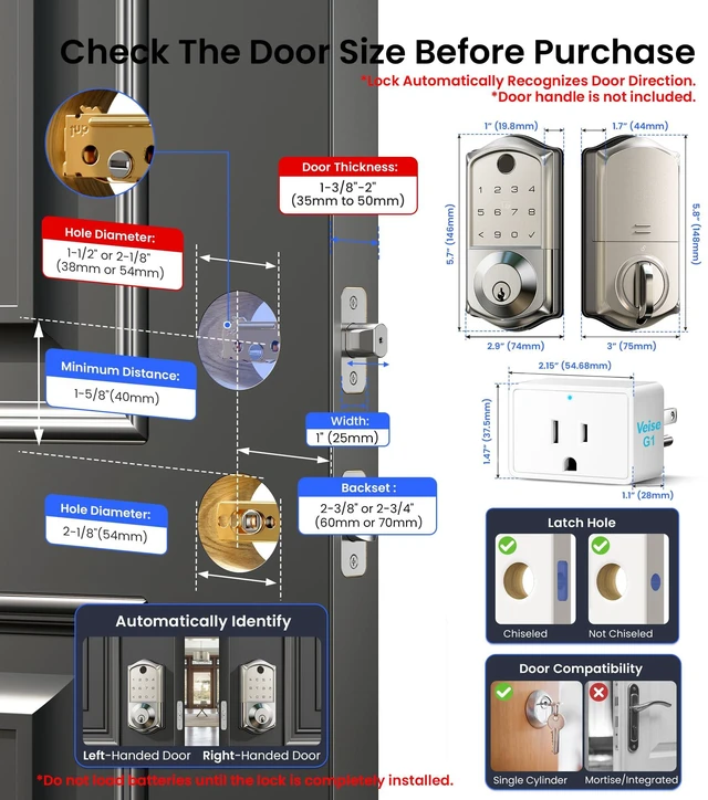 Alt view image 6 of 7 - VE017G WiFi Smart Keyless Entry Lock for Front Door, Satin Nickel | Remote APP Control, Fingerprint, Voice & Fob Unlock, Touchscreen Back-Lit Keypad Deadbolt, Emergency Power Port, Auto Lock
