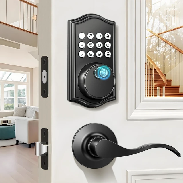 Main image of Keyless Entry Door Lock with Handle, Keypad Door Lock with Handle, Fingerprint Door Locks Keyless Entry Door Lock Deadbolt for Front Door, 2 Keys Auto Locking Easy Installation Left/Right Doors
