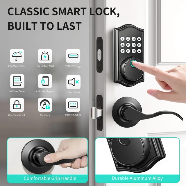 Alt view image 2 of 7 - Keyless Entry Door Lock with Handle, Keypad Door Lock with Handle, Fingerprint Door Locks Keyless Entry Door Lock Deadbolt for Front Door, 2 Keys Auto Locking Easy Installation Left/Right Doors