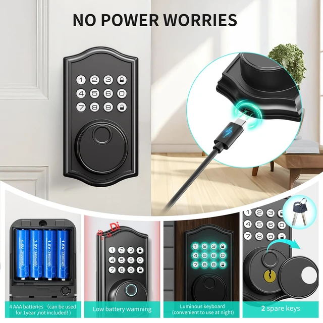 Alt view image 5 of 7 - Keyless Entry Door Lock with Handle, Keypad Door Lock with Handle, Fingerprint Door Locks Keyless Entry Door Lock Deadbolt for Front Door, 2 Keys Auto Locking Easy Installation Left/Right Doors