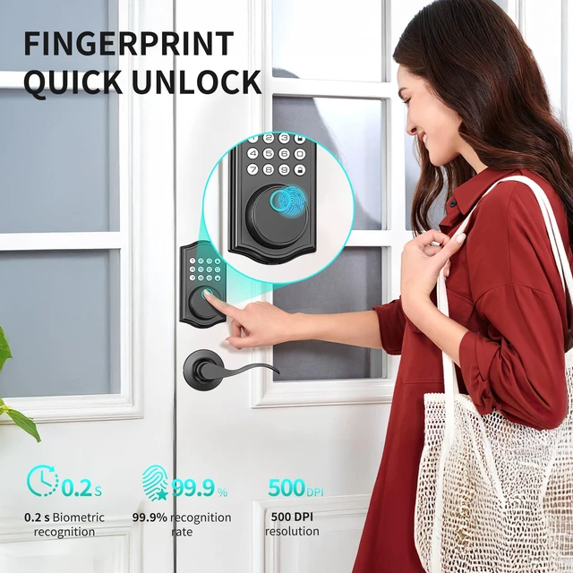 Alt view image 6 of 7 - Keyless Entry Door Lock with Handle, Keypad Door Lock with Handle, Fingerprint Door Locks Keyless Entry Door Lock Deadbolt for Front Door, 2 Keys Auto Locking Easy Installation Left/Right Doors