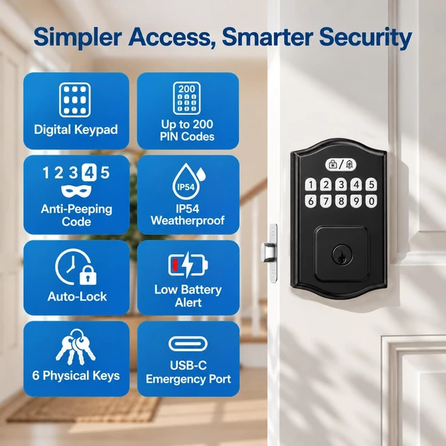 Alt view image 2 of 7 - Keyless Entry Door Lock, Smart Deadbolt with Keypad, Electronic Deadbolt with 200 User Codes & 6 Backup Keys, Auto-Lock Smart Door Lock for Front Door, Easy DIY Installation