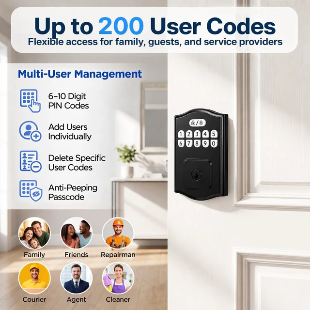 Alt view image 3 of 7 - Keyless Entry Door Lock, Smart Deadbolt with Keypad, Electronic Deadbolt with 200 User Codes & 6 Backup Keys, Auto-Lock Smart Door Lock for Front Door, Easy DIY Installation