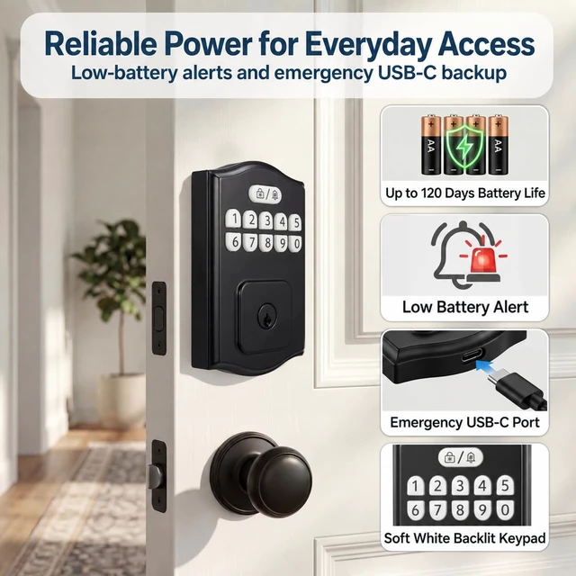 Alt view image 4 of 7 - Keyless Entry Door Lock, Smart Deadbolt with Keypad, Electronic Deadbolt with 200 User Codes & 6 Backup Keys, Auto-Lock Smart Door Lock for Front Door, Easy DIY Installation