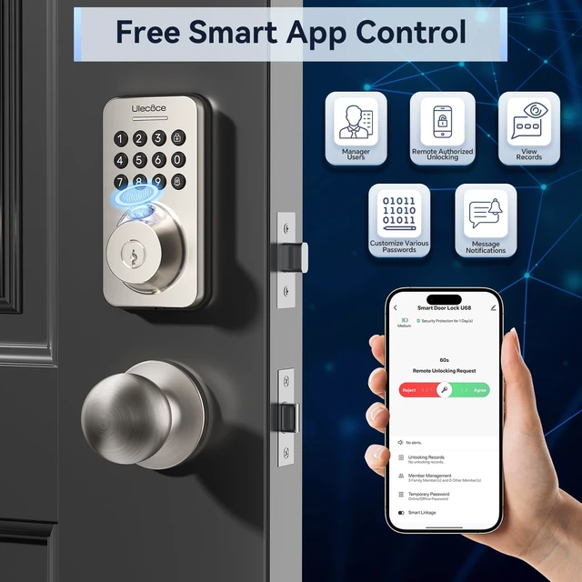Alt view image 3 of 7 - U68W WiFi Fingerprint Smart Door Lock with Knob Set, Satin Nickel | Keypad Deadbolt for Front Door, App Control, Auto-Lock, One-Touch Lock, IP54 Waterproof, 100+ Codes, 5 Keys, Zinc Alloy