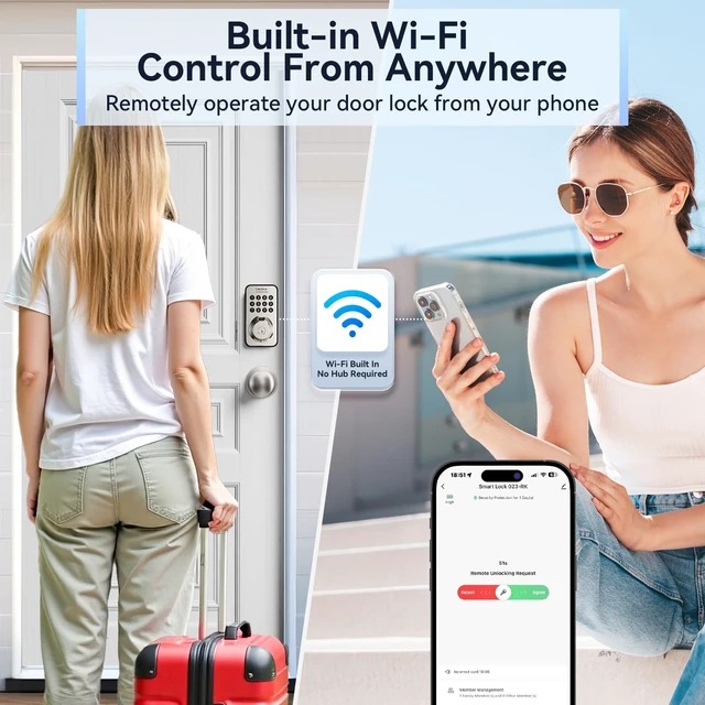Alt view image 5 of 7 - U68W WiFi Fingerprint Smart Door Lock with Knob Set, Satin Nickel | Keypad Deadbolt for Front Door, App Control, Auto-Lock, One-Touch Lock, IP54 Waterproof, 100+ Codes, 5 Keys, Zinc Alloy