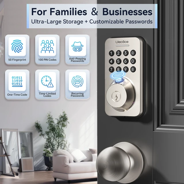 Alt view image 6 of 7 - U68W WiFi Fingerprint Smart Door Lock with Knob Set, Satin Nickel | Keypad Deadbolt for Front Door, App Control, Auto-Lock, One-Touch Lock, IP54 Waterproof, 100+ Codes, 5 Keys, Zinc Alloy
