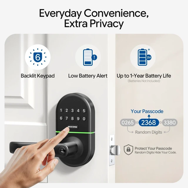 Alt view image 5 of 7 - Keypad Door Lock with Handle, Smart Keyless Entry with Code for Front Door | No App or Wi-Fi, Easy DIY Install, with 20 Passcodes and 2 Keys, Auto-Lock, One-Touch Lock, Passage Mode, Backlit Keypad