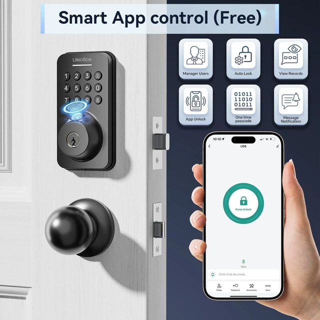 Alt view image 3 of 7 - U68 Fingerprint Keypad Deadbolt with Knob Set, Matte Black | Keyless Entry Door Lock with App Control, Door Locks for Front Door, Auto LockOne-Touch Lock, Anti-Peep Codes, 5 Keys