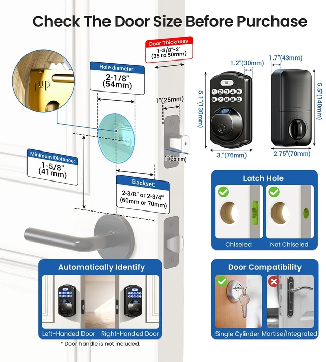 Alt view image 6 of 7 - KS02A Fingerprint Door Lock, Keypad Deadbolt, Matte Black | Keyless Entry, AI Fingerprint, 20 Codes, Auto Lock, Anti-Peeping Code, IP54 Waterproof, Electronic Deadbolt for Front Door